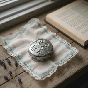 TORINO Pewter Trinket Box Earrings Brooch Pin Set Signed Birds Floral Vintage
